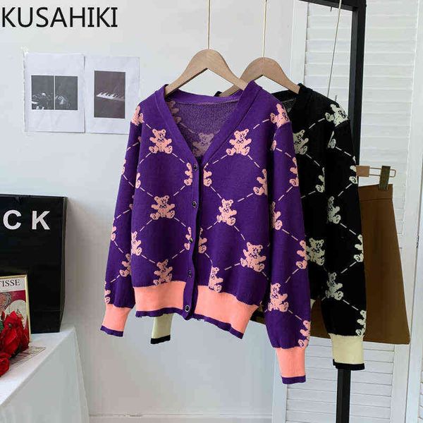 

kusahiki knitted cardigan women korean cartoon contrast color sweater coat causal long sleeve v-neck 2021 new knitwear 6x556, Black