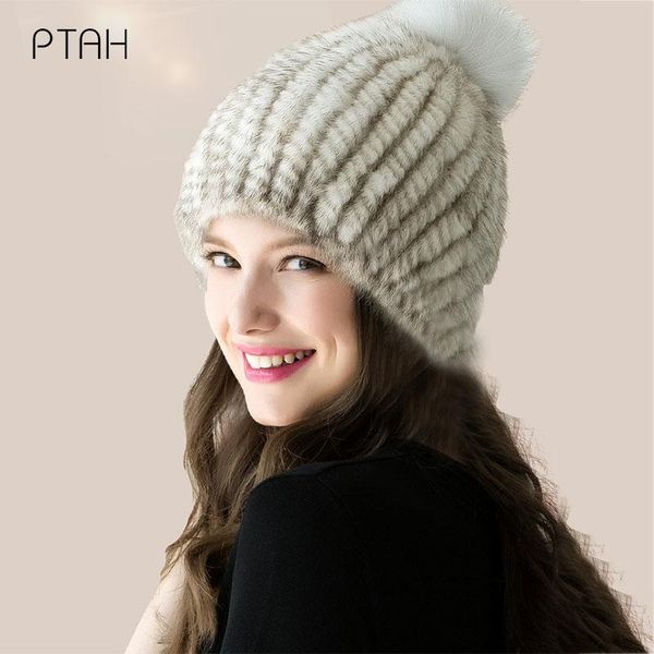 

berets [ptah] hairy hat women winter hats for ladies knitted pure color hairball girl cap female warm soft comfort woolen, Blue;gray