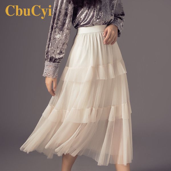 

skirt spring elastic waist tulle skirts high-waist satin mesh tull women elegant long midi ruffles a-line pleated skirt, White