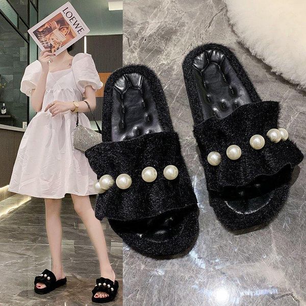 

spring/summer 2021 fashion pearl sandals flip-flops for women wearing fluffy slippers with casual x524, Black