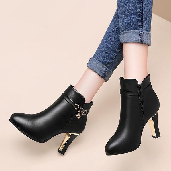

boots high heels ankle woman dress shoes pointed toe booties thin pumps black crystal metal warm largeh ladies 8496c