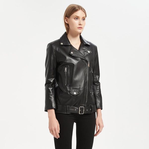 

women's leather & faux fast natural jacket for women 100% soft sheepskin classic vintage zipper coat spring autumn, Black