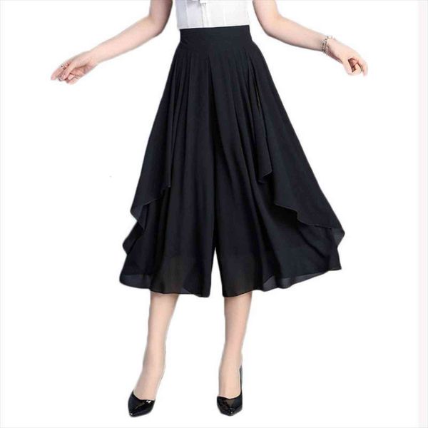 

plus size 6xl elegant wide women pant loose summer elastic high waist saia lady casual chiffon skirt f527, Black;white