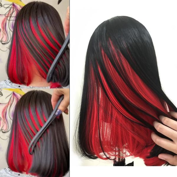 

synthetic wigs straight bob wig t part lace human hair for women hidden glam 1bred blue pink color brazillian ombre short, Black