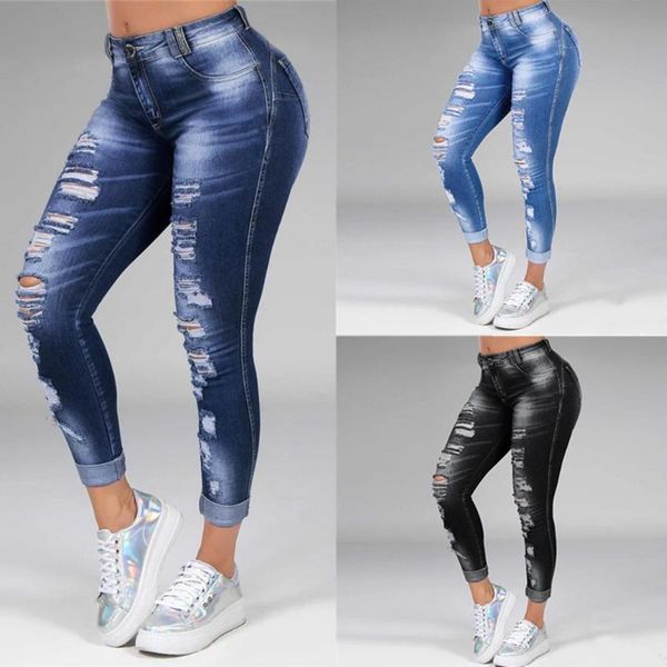 

women's jeans women ripped high waist trousers skinny denim hollow bleached long pants, Blue