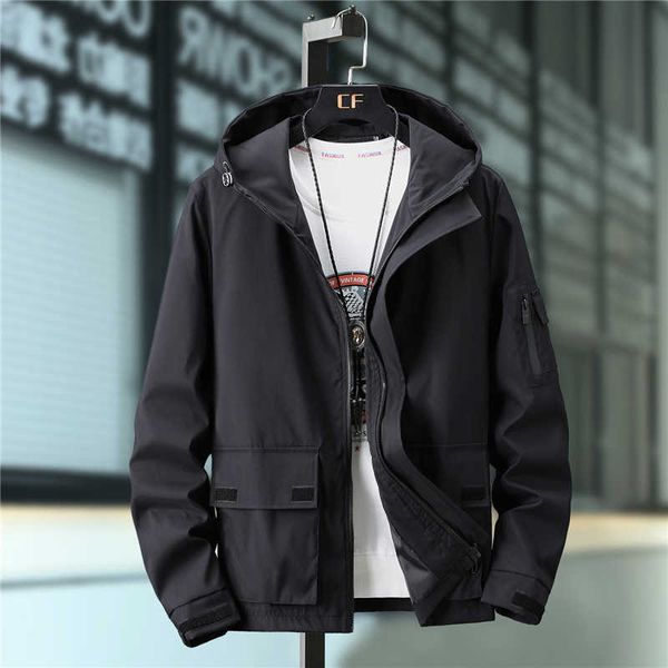 

jacket men casual cargo bomber hooded multi pocket tactical coat spring fall streetwear loose outwear overalls plus size 7xl 8xl x0621, Black;brown