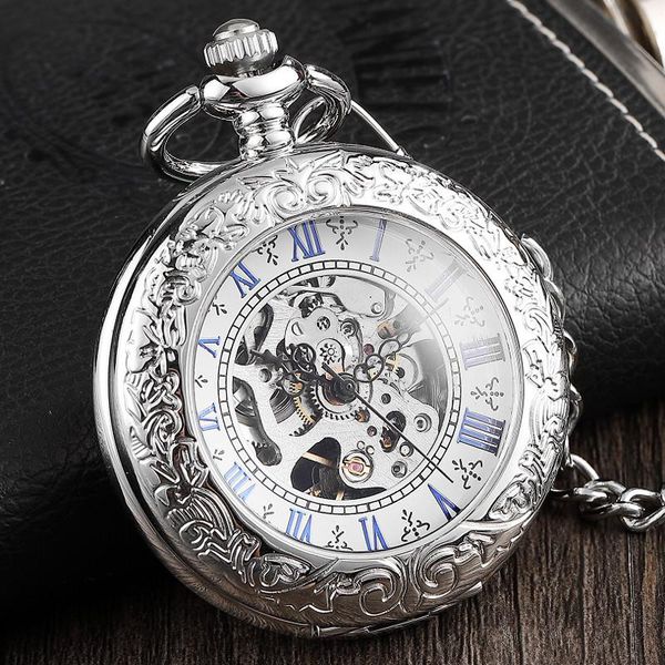 

pocket watches unique silver mechanical watch man women exquisite carved roman dial design steampunk fob chain clock gifts drop, Slivery;golden
