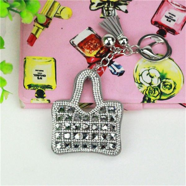 

keychains cute tassels leather bag crystal key chain car ring pendant rhinestone keychain tz74, Silver