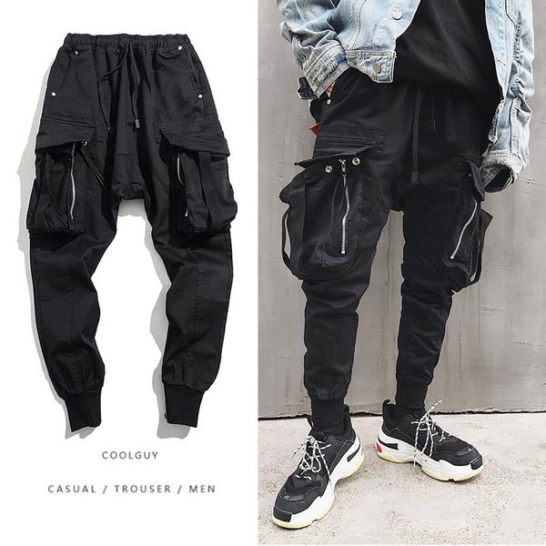 

men's pants men functional tactical cargo large pockets wind wide-leg casual harajuku fashion streetwear, Black