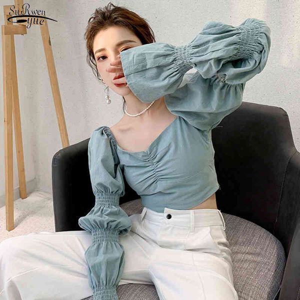 Moda Fransız Vintage Kare Yaka Flare Kollu Gömlek Kadınlar Gökyüzü Mavi Zencefil Sarı Bluz Kız Uzun Mahsul Tops 13277 210521