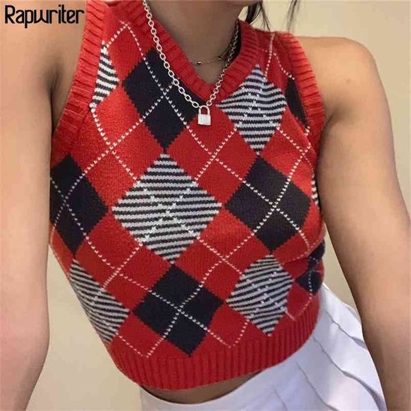 

argyle plaid pattern knitted sweater vest tank female preppy style sweet v neck 90s crop fall winter clothes 210510, White;black