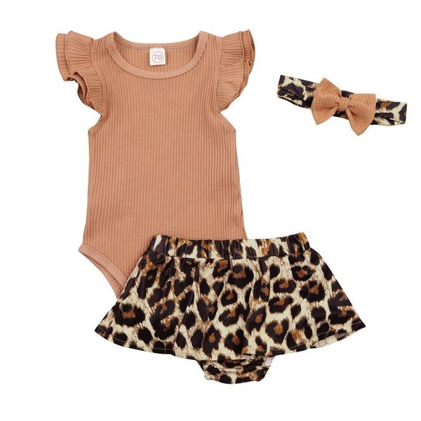 

fashion infant baby girl clothing set flower print sleeveless ribbed romper + leopard printed pattern culottes headdress sets, White