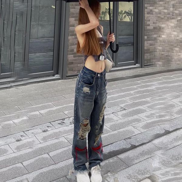 

women's jeans hole trend girl denim straight leg pants women hiphop high street retro y2k waist loose wide, Blue