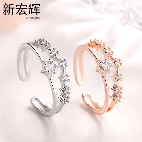 

female fashion double diamond creative five pointed star zircon valentine's day ring, Black