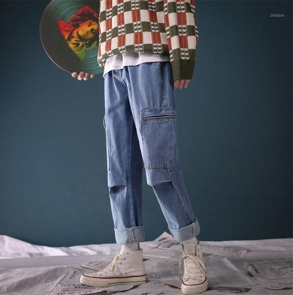 

summer 2021 teenagers big pocket black casual loose street straight bf korean pants student sports male brand harlan jeans men's, Blue