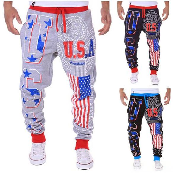 

mens fashion printed pants loose casual trousers with flag pattern breathable and comfortable street style, Black