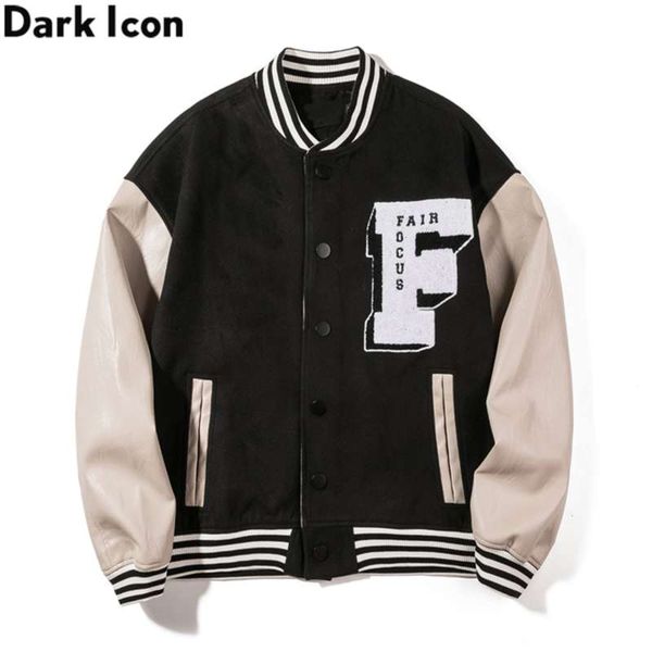 

dark icon embroidery baseball jacket men leather patchwork high street men's jackets black green 210928, Black;brown