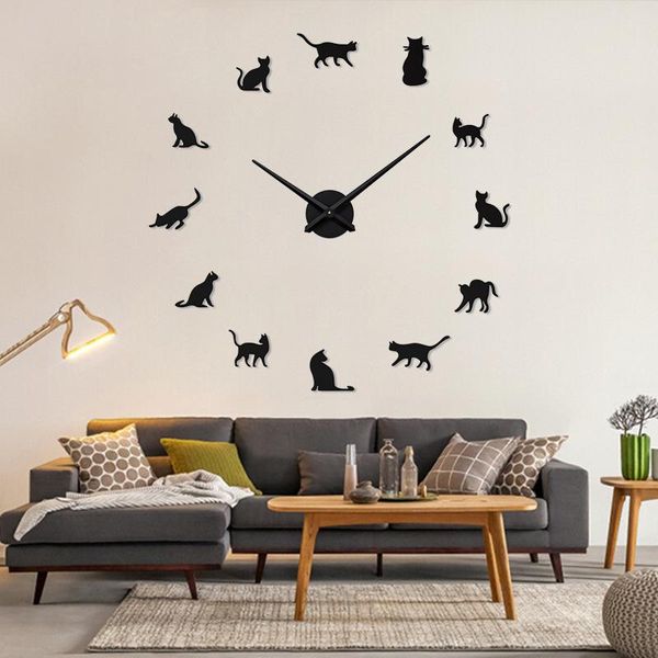 

wall clocks frameless cats silhouette art clock watch kittens 3d diy playful cat shape big needles girl room kit decoration