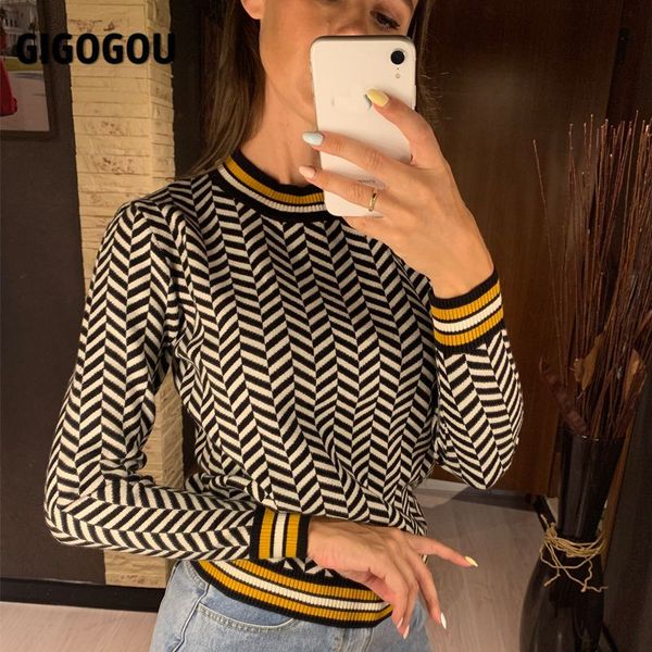 

gigogou geometric knitted women pullover and sweaters autumn winter thick female jumper warm striped christmas sweaters pull, Black