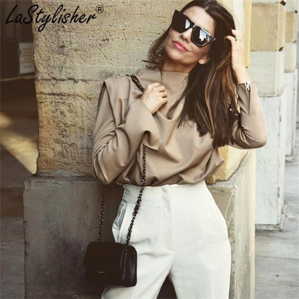 

women's blouses & shirts spring elegant office blouse women ruched work long sleeve ladies shirt solid khaki draped womens and 2021, White