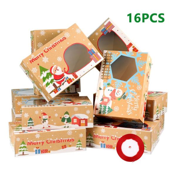 

gift wrap hemoton 16pcs christmas cookie boxes kraft paper with 1 roll/22m ribbons candies for party holidays b