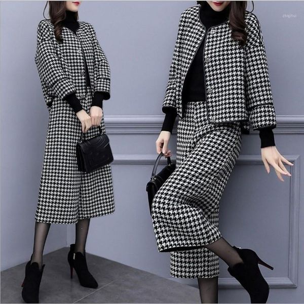 

two piece dress 2021 spring houndstooth 2 sets women woolen coat and cropped wide leg pants suits elegant ladies, White