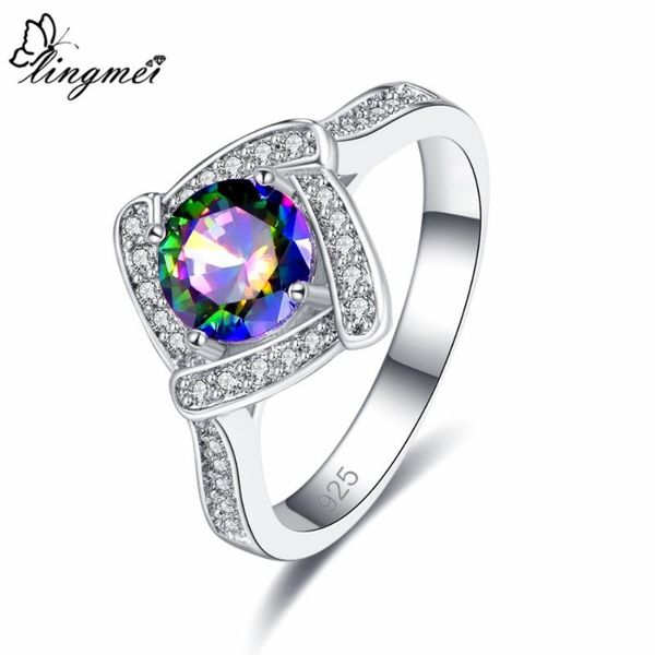 

wedding rings lingmei fashion round cut rainbow & red white cubic zircon silver color ring size 6-9 engagement women jewelry, Slivery;golden
