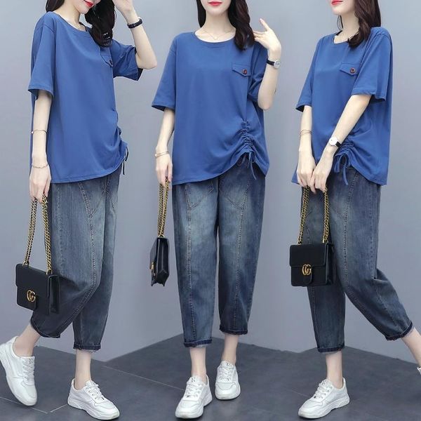 

women's two piece pants large size casual fashion suit 2021 spring and summer slim foreign style fried street denim two-piece set, White