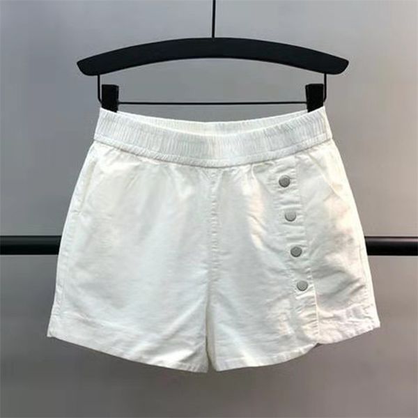 

arrival summer women elastic waist button design straight shorts all-matched cotton asymmetry casual w105 210512, White;black