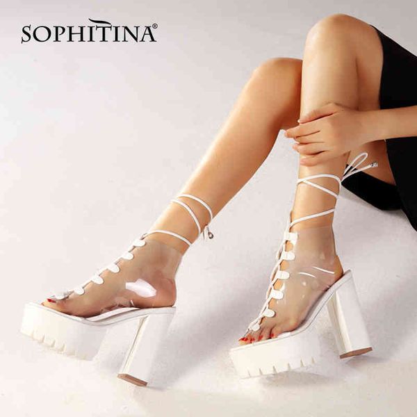 Sophitina verão mulheres sandálias plataforma lace-up sapatos tornozelo-cinta grosso calcanhar 12.5cm verde fluorescente sexy senhora sapatos AO146 210513