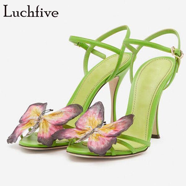 

butterfly decorated sandals woman peep toe cut outs ladies shoes ankle wrap thin high heels green party, Black