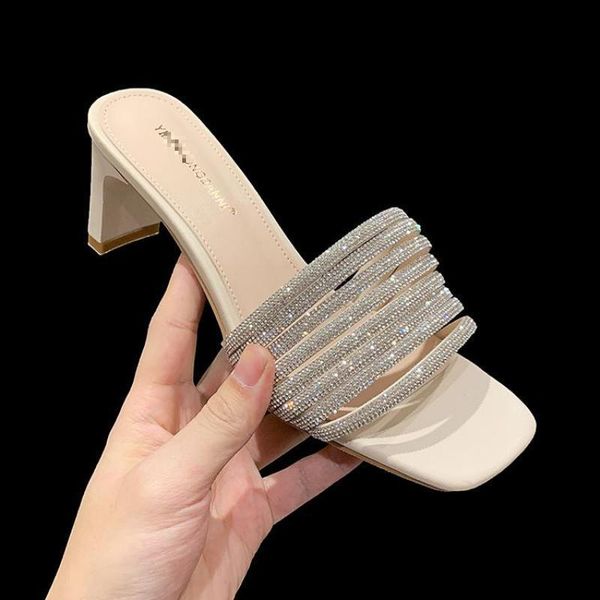 

high heels women slippers 2021 summer crystal square heel modern outdoor slip on slides elegant flip flop lady shoe, Black