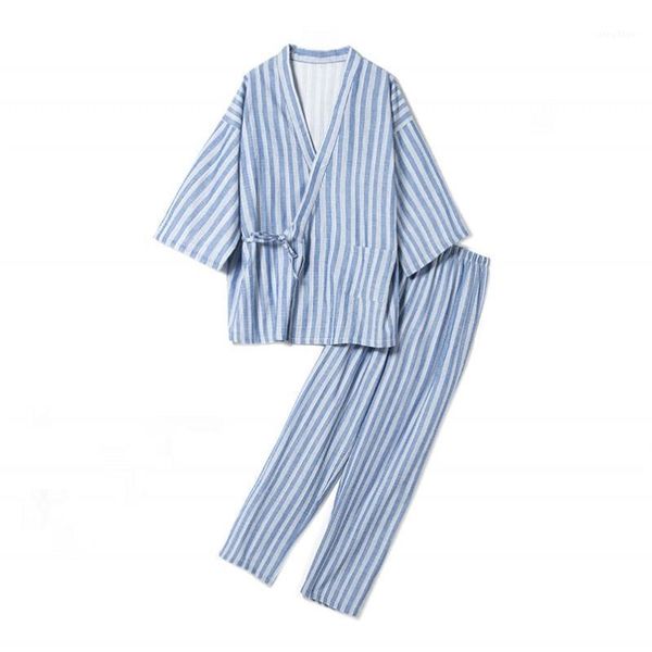 

men's sleepwear 2021 japanese kimono set 100%cotton pajamas two-piece couple yukata loose striped sweat steaming suit home service, Black;brown