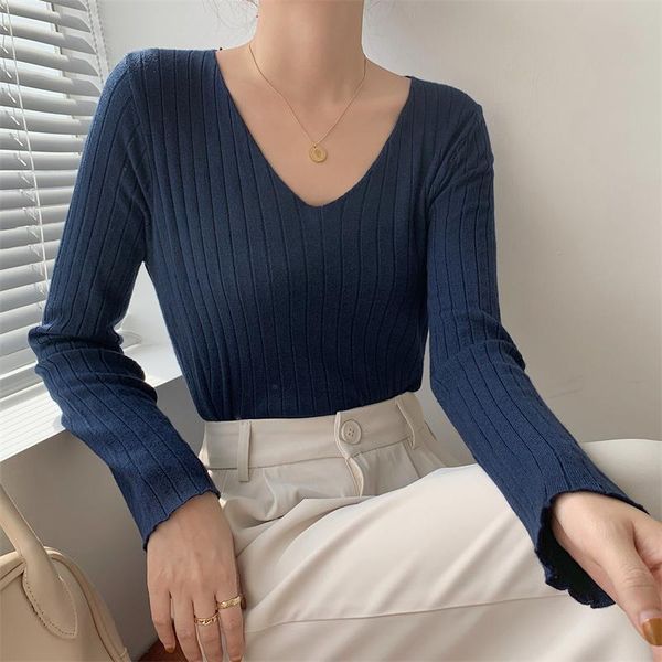 

women's t-shirt zohoha casual slim ladies t-shirts 2021 spring autumn simple full sleeve pullovers for women v-neck solid female tees, White