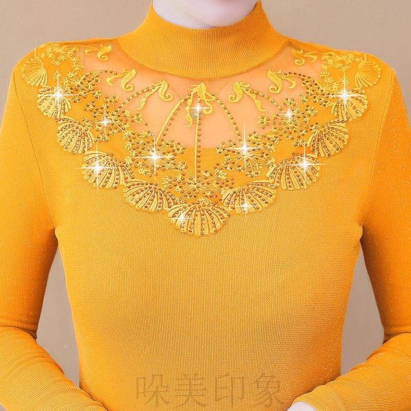 

women's blouses & shirts women autumn winter lace diamond hollow out solid color long sleeve shirt elegant half turtleneck slim j96, White