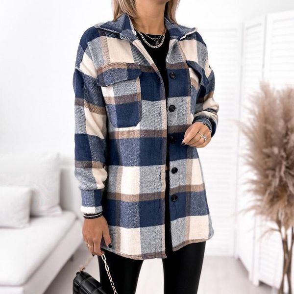 

women's wool & blends women elegant turn-down collar button jacket 2022 spring plaid print patchwork coats autumn long sleeve pocket o, Black