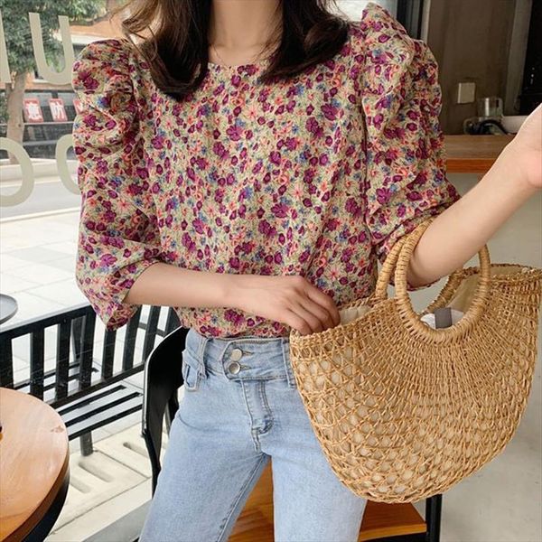 

summer floral printing women blouses long sleeve fashion retro lantarn, White