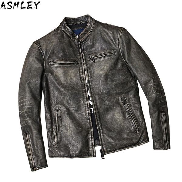 

men's leather & faux grey 2021 vintage men slim fit biker's jacket plus size xxxl genuine cowhide autumn short motorcycle coat, Black