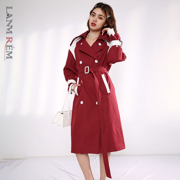 

red white color block patchwork windbreaker women's double breasted vintage trench coat with belt spring 2a743 210507, Tan;black