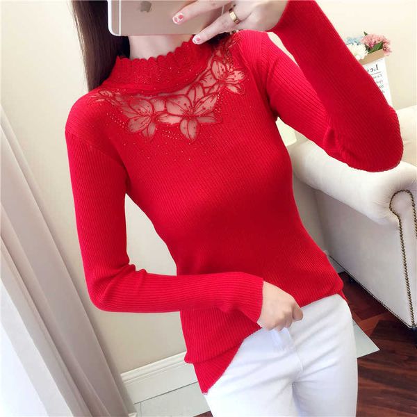 Frauen Winter Hälfte Rollkragen Strass Pullover Pullover Spitze Frühling Sexy aushöhlen Herbst Pullover Damen Langarm Jumper X0721