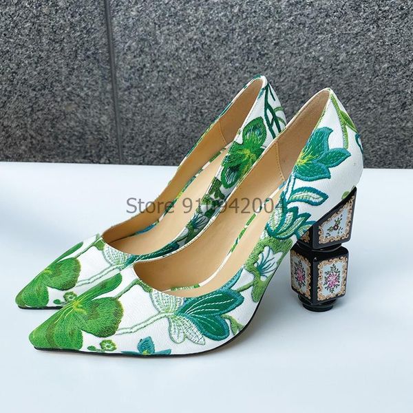 

dress shoes floral embroider women pumps pointed toe slip on green strange high heels party wedding zapatos mujer, Black