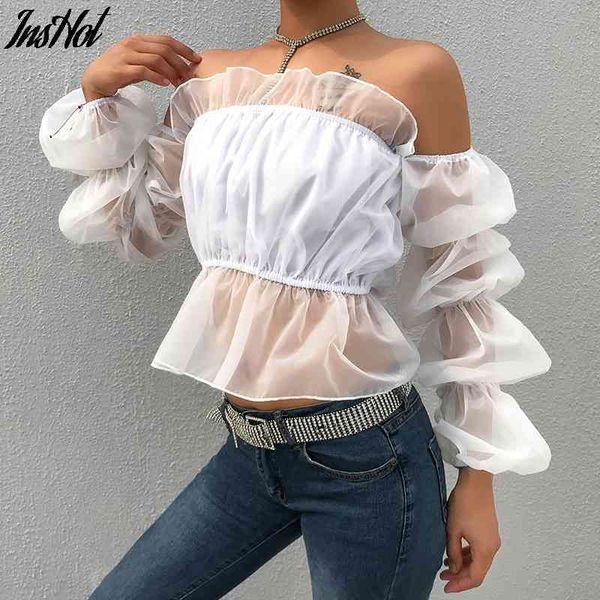 

backless patchwrok mesh t shirt long lantern sleeve elegant korean style tshirts slash neck solid ladies tee 210514, White