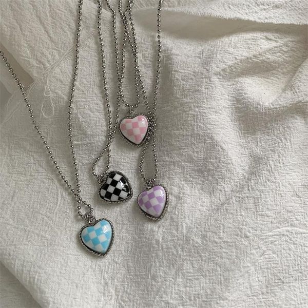 

pendant necklaces kpop trend black blue pink love heart chain neck necklace for women girl daily party charm jewelry y2k accessories gift, Silver