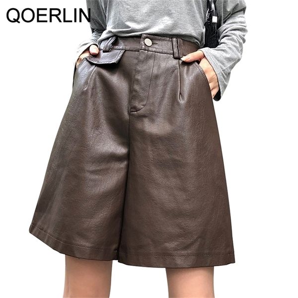 

qoerlin bermuda shorts for women faux leather summer thin high waist streetwear black coffee pu pant plus size 210722