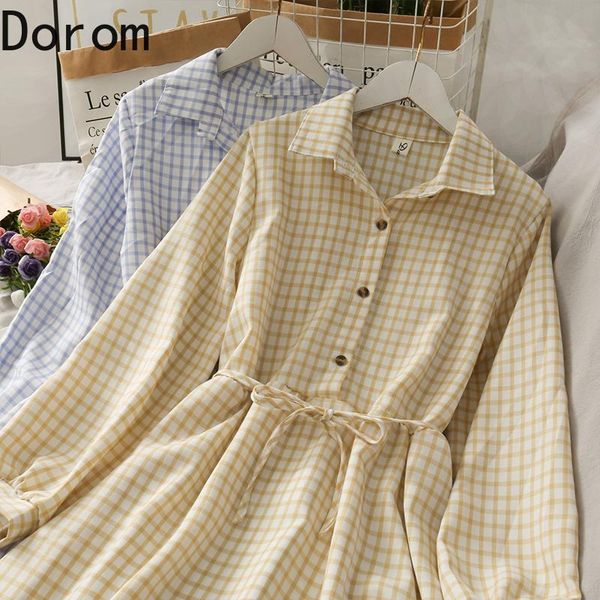 

casual dresses korean fashion plaid long sleeve dress japanese college style lapel midi single-breasted lace-up vestidos mujer, Black;gray