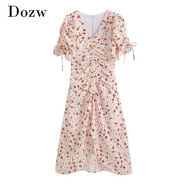 

v neck print elegant dress bow tie puff short sleeve women back zipper holiday beach midi vetement femme 210515, Black;gray