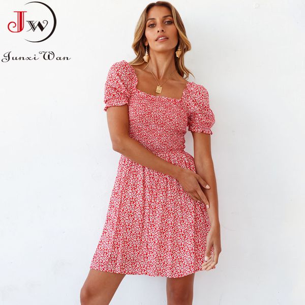 

floral print summer dress women casual puff short sleeve square collar elastic waist mini boho beach sundress 210510, Black;gray
