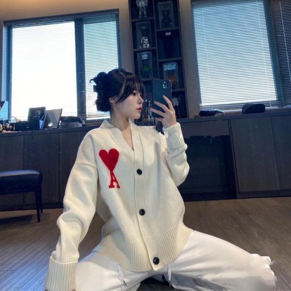 

men's sweaters show thin v-neck the 2021 loose version of ami embroidery love hearts leisure knitting cardigan fashion sweater coat, White;black