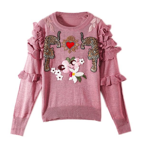 

sweaters spring heavy industry flowers love two leopard embroidered patch fungus thin section hedging bottoming sweater women, White;black