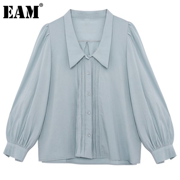 

[eam] women blue big size pleated casual blouse lapel puff sleeve loose fit shirt fashion spring autumn 1dd6897 21512, White